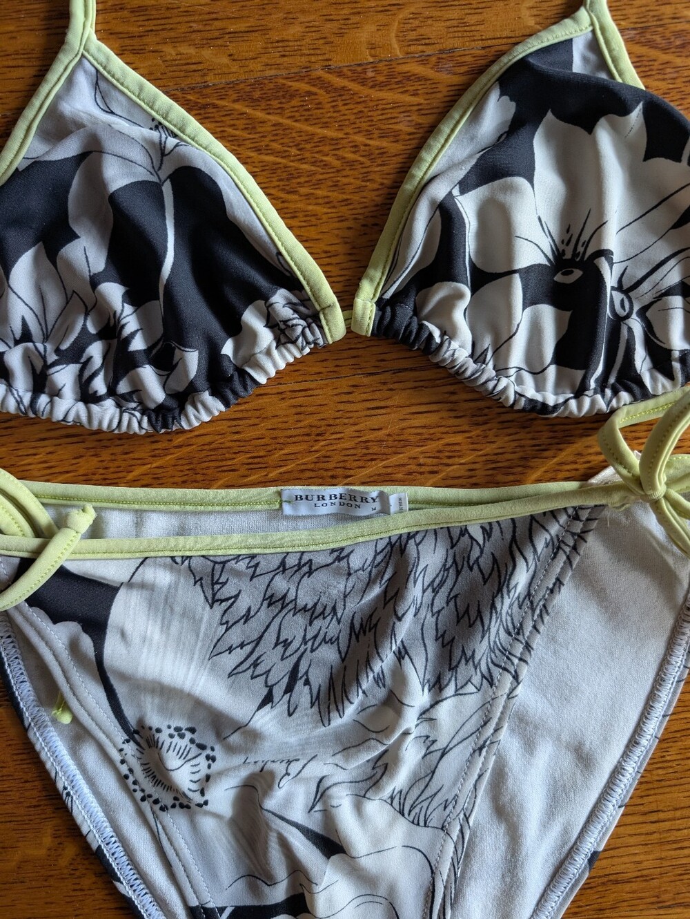 Burberry Floral Print Triangle Bikini Set in Black & White Green Trim Medium